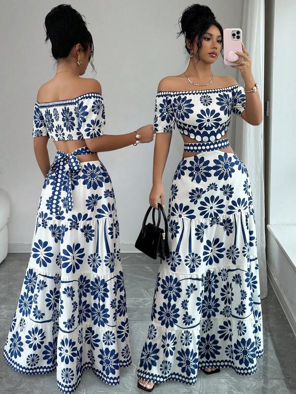 Elenzga Vestido de moda con estampado floral, hombros descubiertos, manga corta y cintura hueca