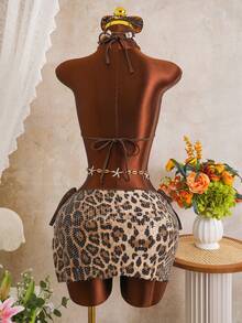 Swim SXY 2026 New Leopard Print Sequin Brown Drawstring Hem Skirt, Sexy Halter 3-Piece Bikini Swimsuit For Women - Multicolor - View 2