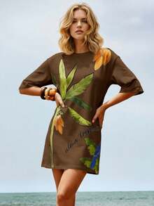 CAJUNI Đầm nữ dáng rộng cổ tròn tay ngắn in họa tiết cây nhiệt đới, thích hợp mặc đi nghỉ mát. - màu nâu - Xem 3