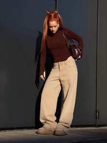 SILVIA DI SANTO 水洗低腰宽松牛仔裤，90年代Y2K春季休闲风，适合夏季、音乐会、假日、秋季、冬季、纳什维尔、秋季、返校季、办公室、感恩节等场合的时尚穿搭 - 卡其色 - 查看 3