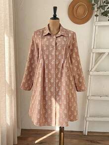 Rusticease Đầm sơ mi dài tay cài cúc đơn xếp ly thêu hoa dành cho nữ cỡ lớn - Nhiều màu - Xem 7