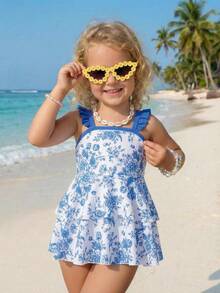 Emery Rose Kids Emery Rose Kids 女童/少女蓝色碎花荷叶边连体泳衣配沙滩裙 - 藍色 - 查看 4
