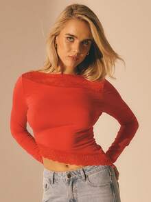 Aralina Women's Casual Luxury Elegant Boat Neck Long Sleeve Top With Lace Trim And Asymmetrical Hemline Perfect For Christmas Party Outfits And New Years Eve Party Outfits - Red - View 8