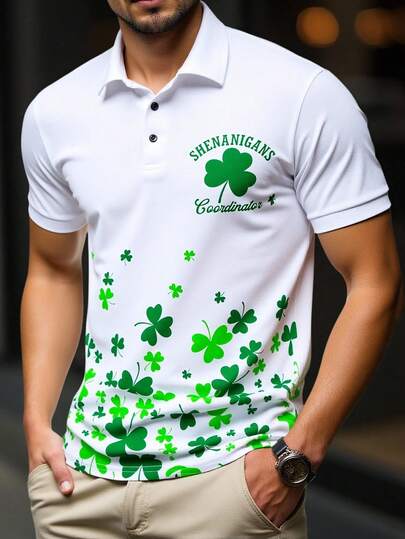 Manfinity Homme Men's Short Sleeve Printed T-Shirt, White, St. Patrick's Day Boyfriend Gift, Standard Size,Men Old Money,Daily Leisure, Weekend Trips, Outdoor Activities, Travel Expeditions, Relaxed Work Environments Or Semi-Formal Occasions, Boyfriend/Husband Gift, Anniversary /Birthday Gift Party Summer Vacation Holiday,Wedding,Spring To Summer,Mardi Gras,Men's White Polo Shirt Shenanigans Coordinator St Patrick's Day Clover Print Short Sleeve Top,Men's Golf Polos Fun Prints,College Style Pattern Polo Men,T Shirts For Men Green And White,Golf Attire