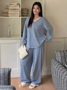 Dazy Plus Contrast Lace V-Neck Loose Striped Long Sleeve Top And Long Pants Casual Pajama Set, Suitable For Spring And Autumn - Blue - View 5
