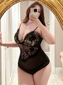 Dazy Plus Pakaian Dalam Bodystocking Transparan Berbahan Renda untuk Wanita Ukuran Besar - Hitam - View 6