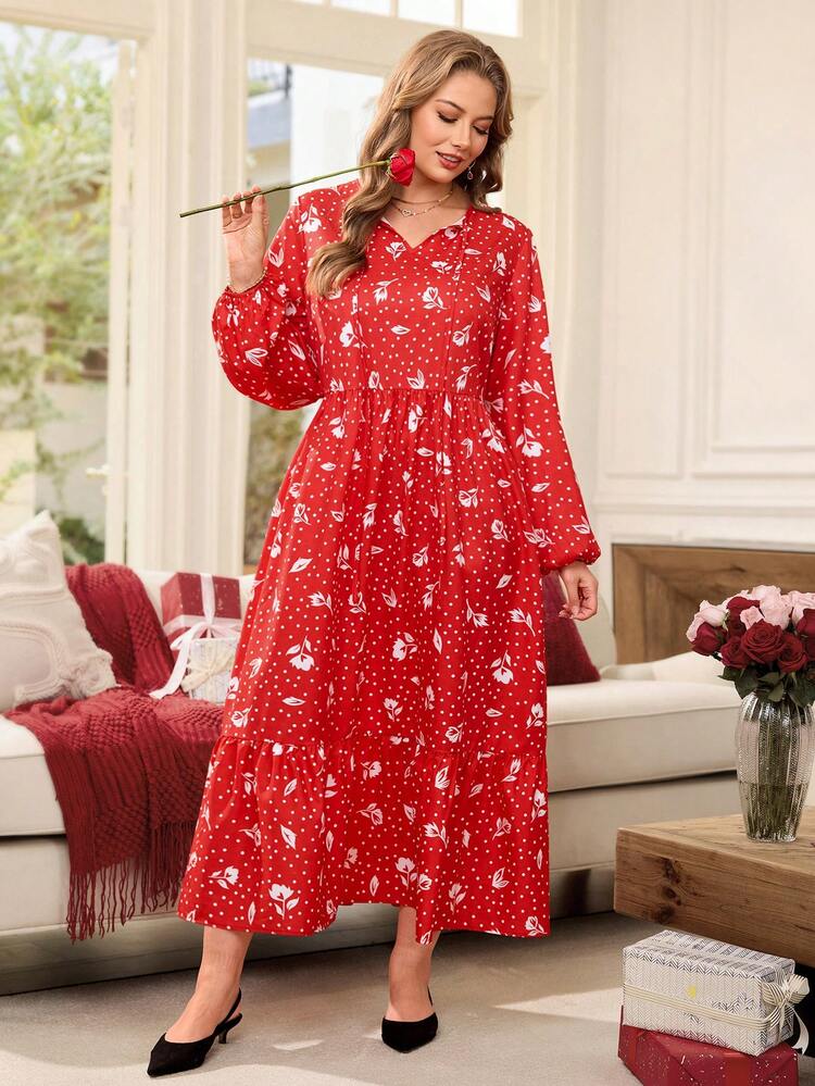 Plus Size Elegant Polka Dot & Floral Print Lantern Sleeve Dress Long Sleeve Summer Dresses Valentine Outfits For Women Spring Break Outfits Summer Holiday Outfits Carnival Weddings & Events Elegant Dress Women/Vacation Wedding Party Dress Spring To Summer