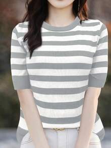 EMERY ROSE 女士条纹圆领短袖休闲针织上衣 - 灰色 - 查看 6