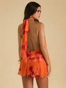 SHEIN BAE Đầm ngắn cổ yếm, viền bèo nhún in hoa dành cho nữ, kiểu dáng đi nghỉ mát. - trái cam - Xem 2