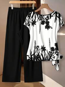 SHEIN Clasi 2pcs Women's Casual Elegant Minimalist Beige Shirt With Black-And-White Botanical Silhouette Print & Loose Black Pants Set. Perfect For Spring And Summer, Vacation, Country Style, Daytime, Garden, And Walking.