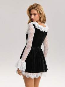 Sweetina 女士方领撞色蕾丝拼接正式派对黑白长袖连衣裙，适合生日、度假、婚礼、情人节等场合。 - 黑與白 - 查看 2