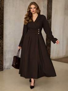 Roveilla فستان نسائي كبير الحجم من قماش التويد مع طوق وخصر مطوي وزخرفة نجمية، أكمام طويلة وقصة A-line، أنيق وفاخر بطراز فرنسي للمكتب والخروج، مناسب للارتداء في الشتاء والأعياد كالكريسماس والشكر والحفلات ورأس السنة - شوكولاته بني - مشاهدة 3