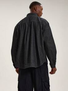 Musero Pinstripe Collared Long Sleeve Button Through Denim Jacket Shacket Style Jean Fabric Top Spring Summer - Black and White - View 4