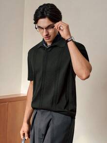 RONVEXI Men's Solid Color Polo Collar Short Sleeve Casual Knit Top - Dark Green - View 5