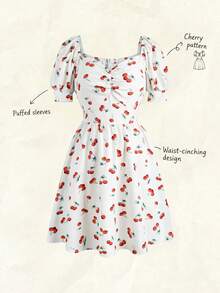 Olithes 女士樱桃印花甜心领短泡泡袖时尚连衣裙 - 杏色 - 查看 1