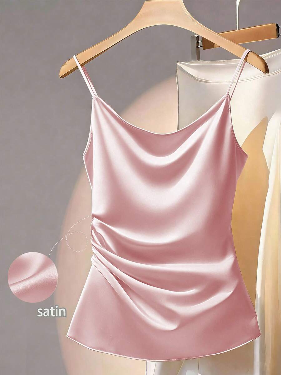 SHEIN LUNE 米色吊带背心,单侧荷叶边腰部设计,简约时尚女款吊带背心 - 粉色 - 查看 1