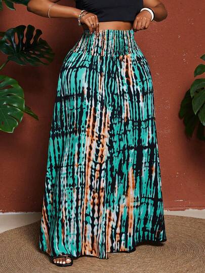 Maweii Plus Size Tie-Dye Print Skirt, Casual Holiday Style