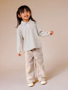 SUMWON 女童长袖条纹罗纹 Polo 衫，翻领休闲校服上衣 - 杏色 - 查看 3