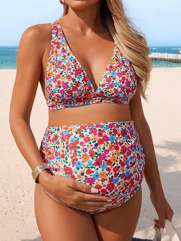 SHEIN 2022夏季海滩度假印花孕妇泳衣套装