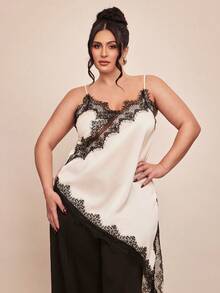 SHEIN BAE Áo kiểu thanh lịch viền ren đen trắng cho ngày Valentine xuân/hè, áo gợi cảm cỡ lớn. - Đen và trắng - Xem 6