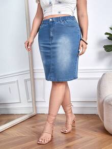 EMERY ROSE Minifalda de mezclilla casual con cintura elástica y bolsillos para mujer de talla grande - Azul lavado medio - Ver 4