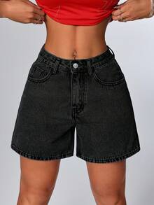 SHEIN PETITE Quần short denim dáng rộng thoải mái dành cho nữ, có túi. - Màu xám đen - Xem 4