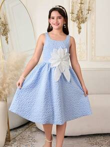SHEIN Đầm dệt hoa jacquard thanh lịch dành cho bé gái tuổi teen, không tay, đính hoa 3D lấp lánh, thích hợp mặc hàng ngày, dự tiệc, các buổi gặp mặt và các dịp trang trọng. - Màu xanh lam - Xem 3