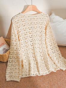 CosyJoli Plus Size Elegant French Hollow-Out Casual Loose Vacation Loose Knit Top, Spring/Summer - Beige - View 2