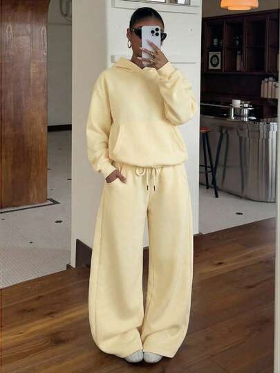 Muchica Women's Autumn/Winter Thermal Lined Hoodie And Relaxed Fit Sweatpants Set Butter Yellow Two Piece Set Two Piece Set Women Comfy Two Piece Lounge Set 2 Piece Casual Sets Woman Comfortable Two Piece Set Lounge Wear