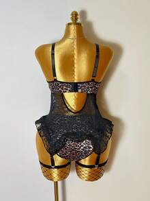 Bare Chapter 4pcs Plus Size Sexy Leopard Print Animal Pattern Milk Silk Contrast Lace Top + Panty + Socks Set - Multicolor - View 7