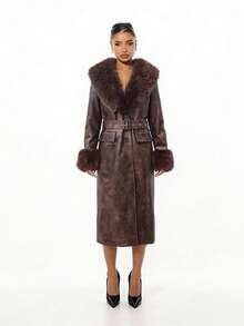 SHEIN Manteaux en fausse fourrure pour femmes - Tabac - Voir 2