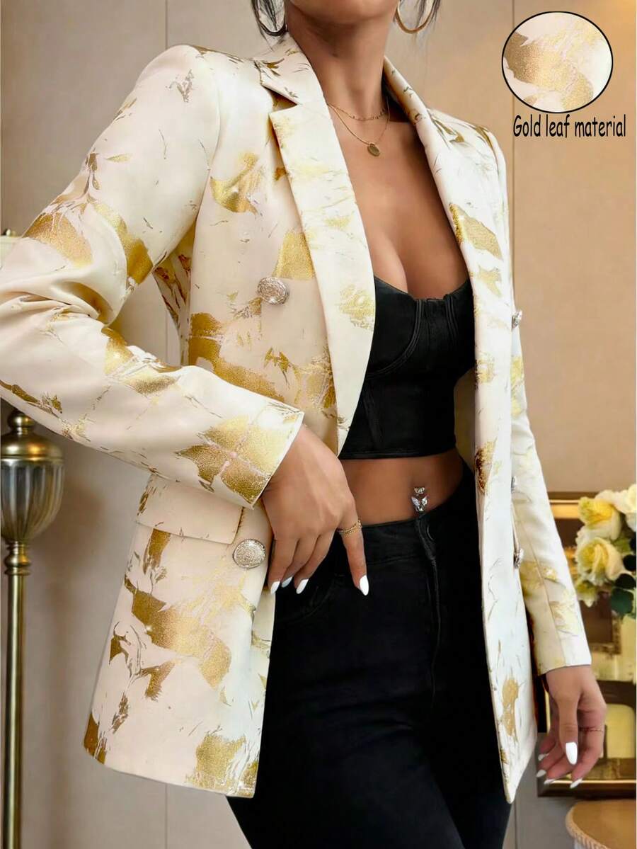 Elenzga Áo khoác blazer hai hàng khuy thời trang thanh lịch mới dành cho nữ, chất liệu vải in họa tiết lá vàng, áo blazer lá vàng cho nữ, áo blazer nữ. - Nhiều màu - Xem 1