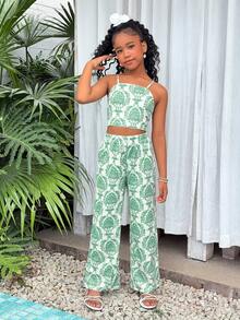 Tween Girl Vacation Bohemian Totem Floral Camisole Top + Loose Straight Leg Pants Woven Top Set - Army Green - View 3