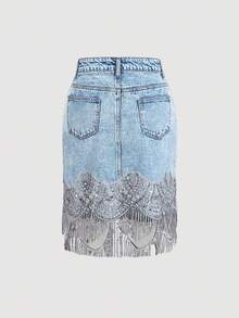 SHEIN MOD Women's Fringed Patchwork Denim Skirt For Casual Holidays, Cruise Women, School Skirt, Fall ,Homecoming Skirt, Birthday ,Back To School ,Women Vintage ,Old Money Style, Denim Skirt, Bachelorette Skirt, Casual Women Skirt - Light Wash - View 2