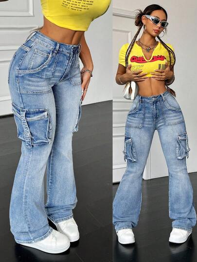 SHEIN PETITE 娇小款女士低腰紧身喇叭牛仔工装裤，女士工装裤，打底裤，秋季裤装，带口袋牛仔裤，喇叭牛仔裤，女士牛仔裤，秋季女士穿搭，娇小款女士裤装，蓝色