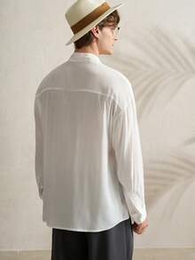 Manfinity Dauomo Áo sơ mi dài tay nam màu trơn kiểu dáng thường ngày có nơ - trắng - Xem 2