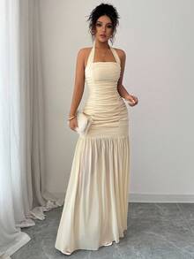 Elenzga 女士优雅杏色网纱无肩带褶皱修身连衣裙，适合派对、宴会、奢华晚礼服 - 杏色 - 查看 3