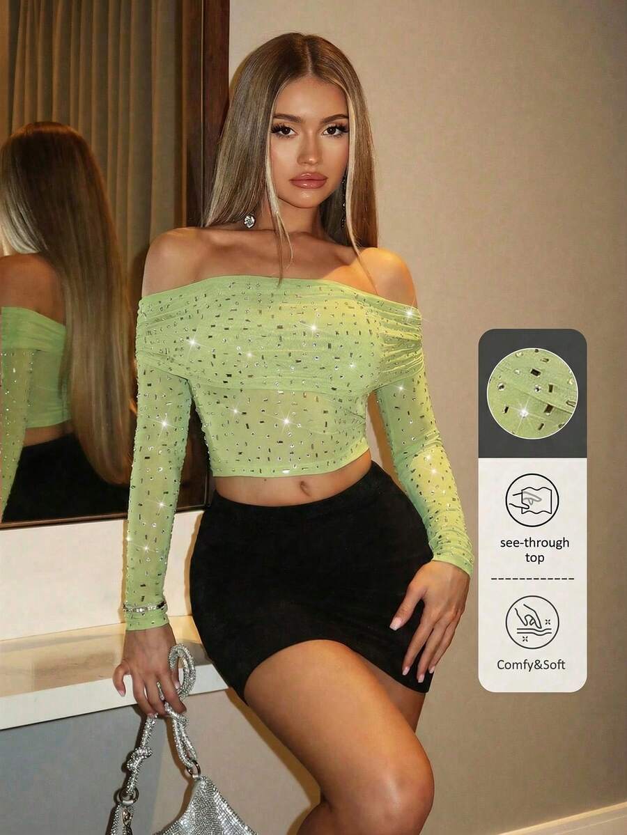 SHEIN BAE Áo nữ tay dài trễ vai đính đá lấp lánh, thích hợp cho đi biển, kỳ nghỉ, tiệc tùng, concert. - Màu xanh chanh - Xem 1