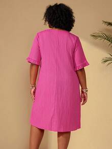 EMERY ROSE 大码女式纯色圆领短袖直筒宽松休闲连衣裙 - 玫紅色 - 查看 2