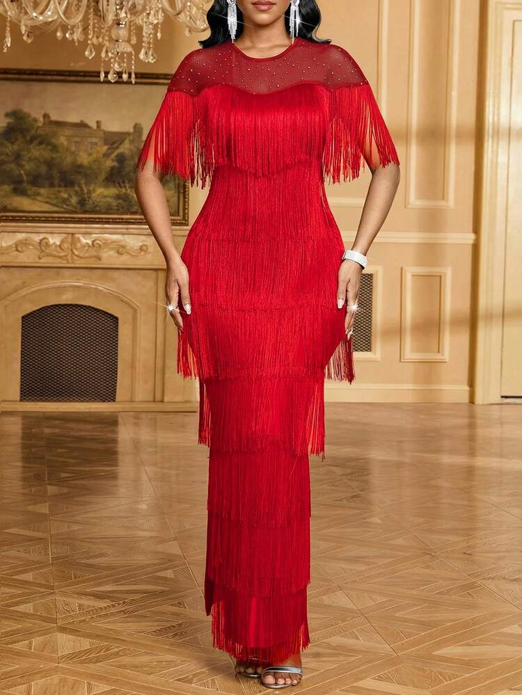 SHEIN Lady Abito elegante da donna con collo a ciambella, patchwork in rete con strass, design a più strati con nappe, aderente - Rosso - Visualizzare 1