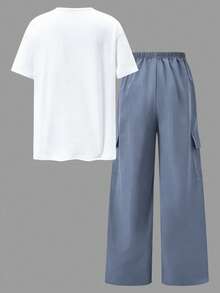 SHEIN 2pcs/Set Teenage Girls Casual Fashion Cartoon Girl Graphic Round Neck Short Sleeve Top And Cargo Pants Set - Dusty Blue - View 3