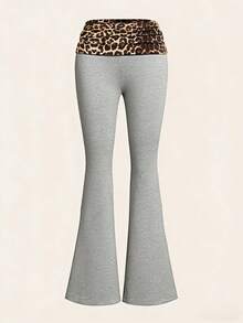 SHEIN Tall CURVE 大码时尚休闲豹纹拼接喇叭裤，可翻折腰身 - 淺灰色 - 查看 6