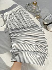 Comfortcana 加大码黑白条纹休闲抽绳裤，秋冬款 - 白色 - 查看 1