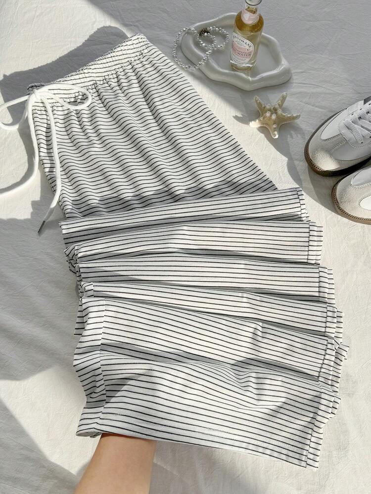 Comfortcana 加大码黑白条纹休闲抽绳裤，秋冬款 - 白色 - 查看 1