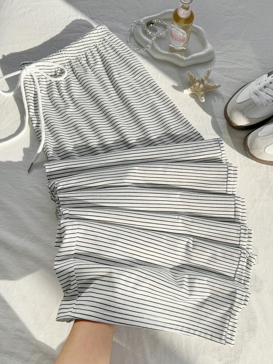 Comfortcana 加大码黑白条纹休闲抽绳裤，秋冬款 - 白色 - 查看 1