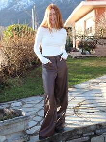 SILVIA DI SANTO 女士皮革女裤纯色前扣简约休闲裤、日常穿着、女士下装 - 咖啡棕 - 查看 1