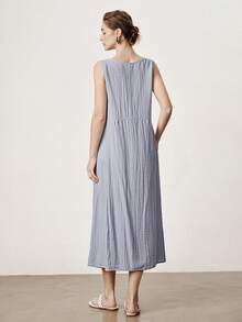 Aalyst Robe longue ample en tissu lin-like vintage, style bohème chic et élégant, col rond, poche avant froncée, sans manches, pour femmes, idéale pour les vacances ou le travail, printemps/été - Bleu gris - Voir 6