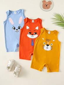 SHEIN 3pcs Newborn Unisex Baby Clothes,Cute Summer Knitted Cartoon Animal Rabbit Fox Pattern Sleeveless Romper,Multi-Color - Multicolor - View 9