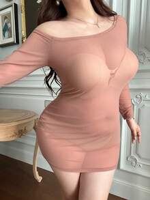 DAZY Långärmad underkläder med en axel och skirt mesh - Rosa - Visa 7