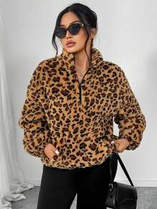 Elenzga Women's Plus Size Leopard Print Jacket + Simple Flare Pants 2 Piece Set, Suitable For Casual Outings, Long Sleeve, Autumn/Winter - Multicolor - View 6
